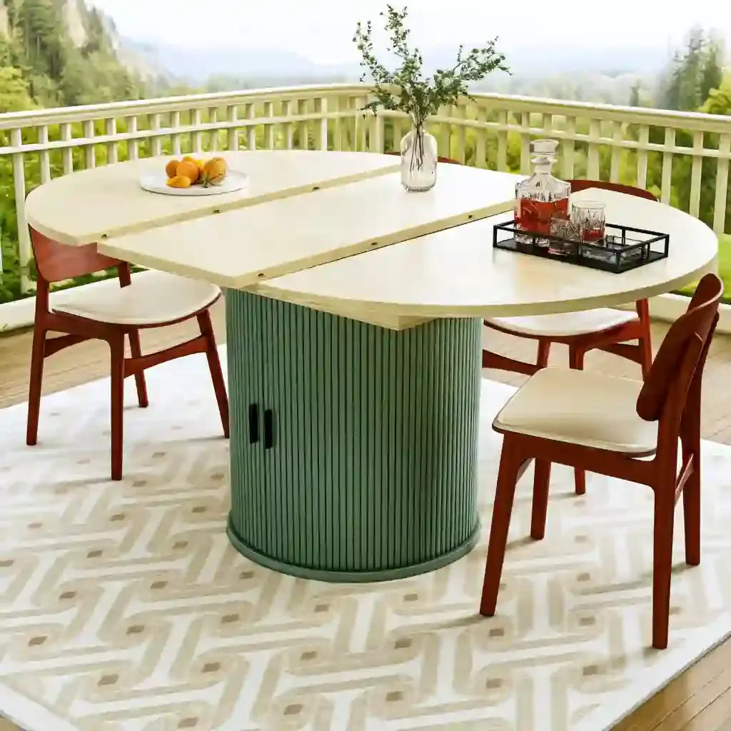Mesa de comedor con tablero redondeado y base central - beige/verde