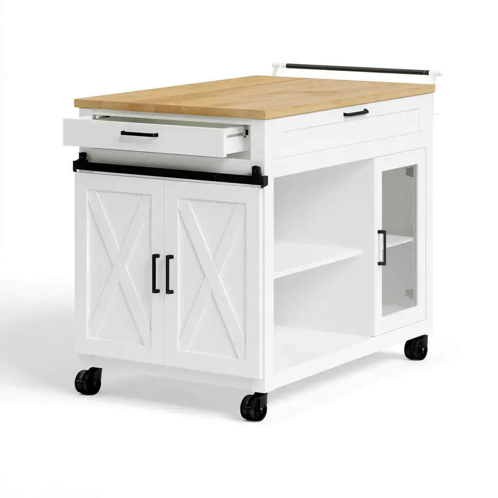 Isla de cocina con puerta cruzada y estantes laterales - blanco/beige
