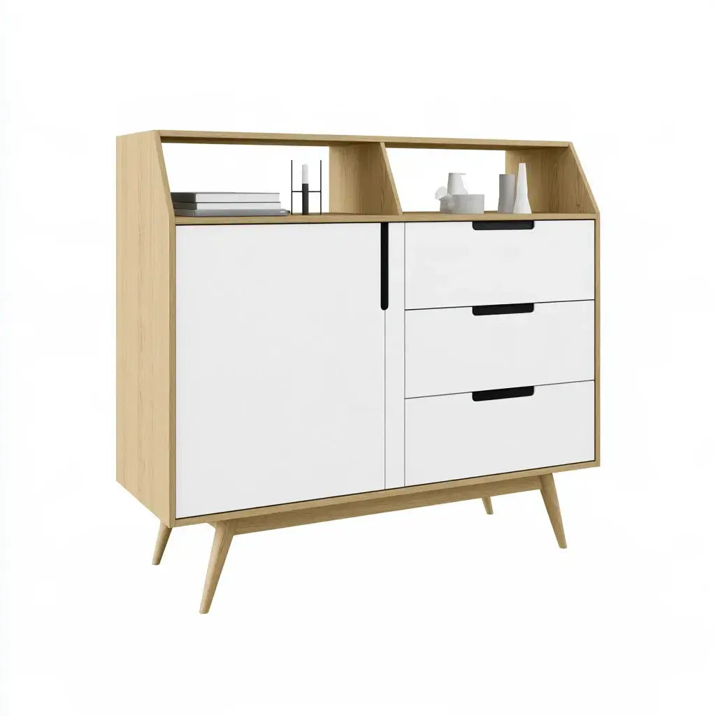 Aparador con frente inclinado y cajones laterales - beige/blanco