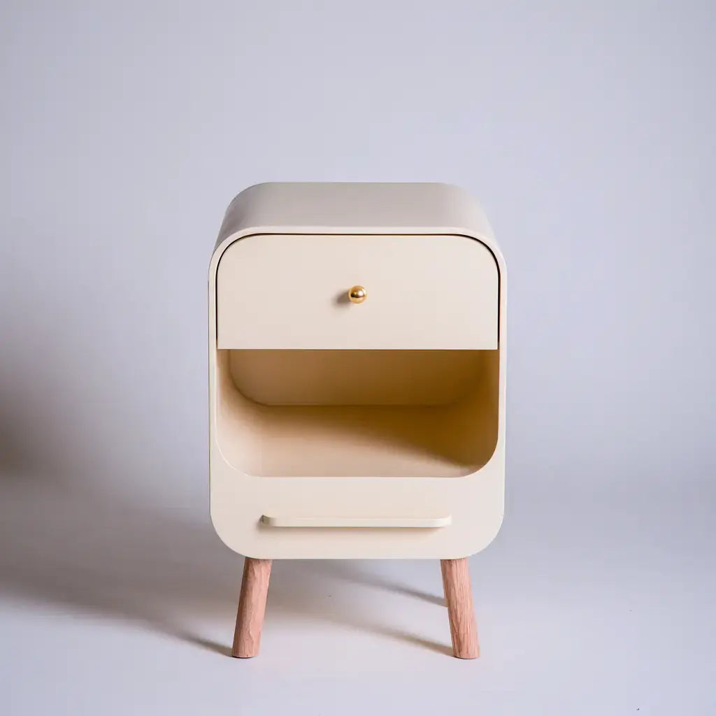 Mesita de noche con cajón y nicho de esquinas curvas - beige
