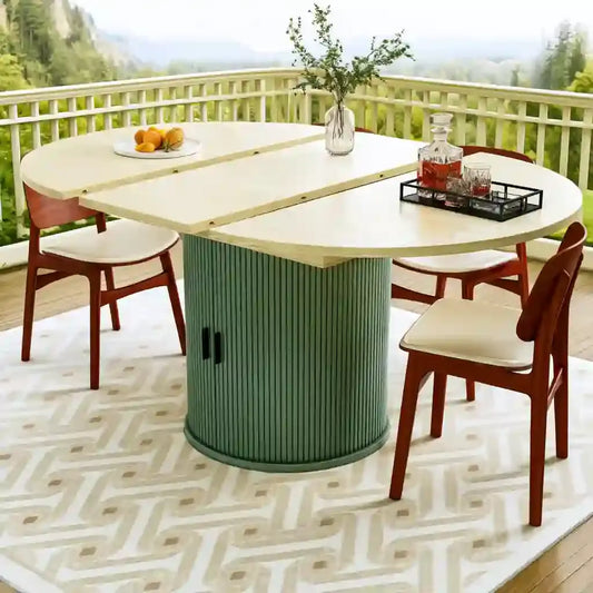 Mesa de comedor con tablero redondeado y base central - beige/verde
