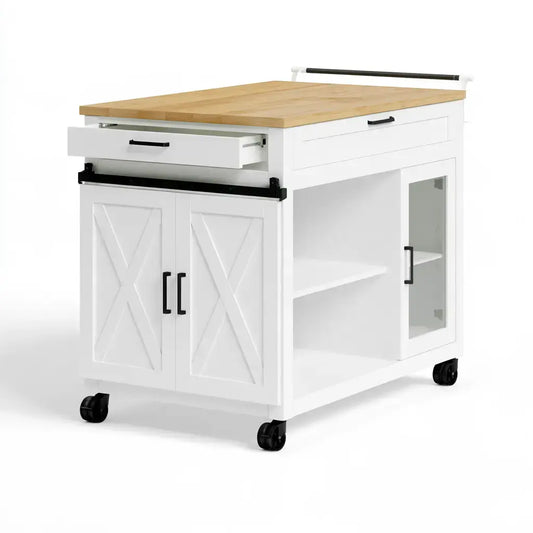 Isla de cocina con puerta cruzada y estantes laterales - blanco/beige